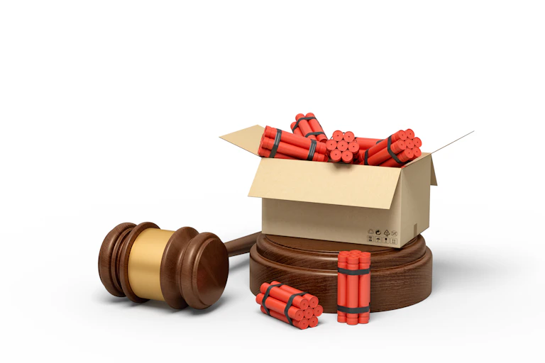 A judge's gavel next to a box of dynamite.