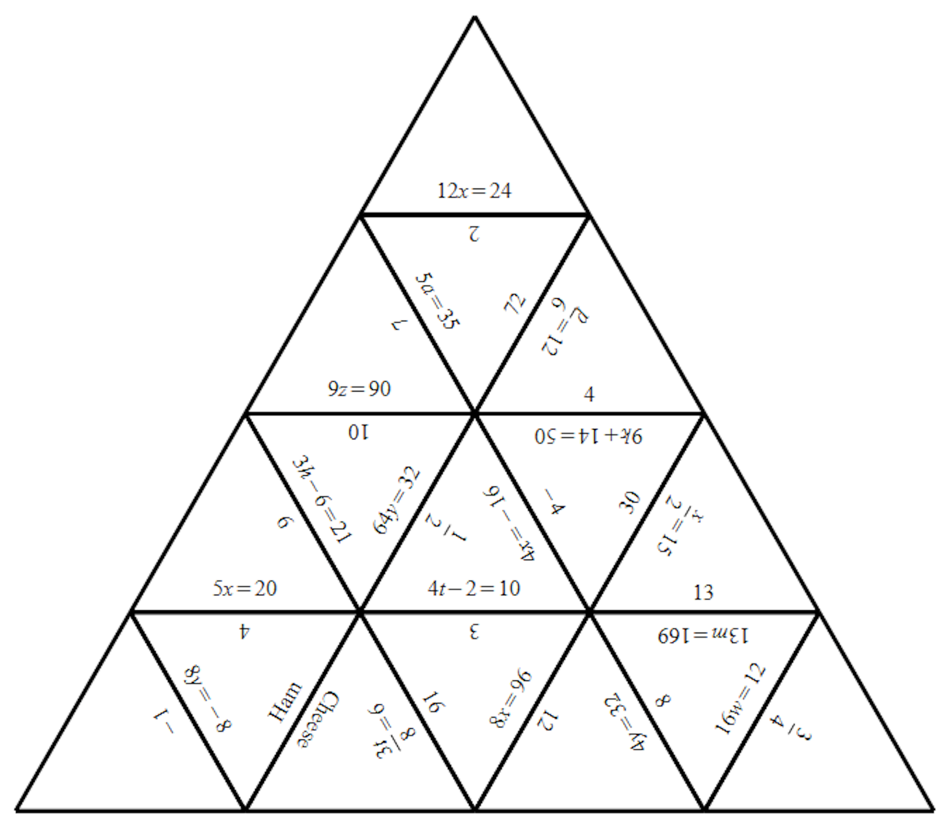 Un gran rompecabezas triangular que consta de triángulos más pequeños, cada uno de los cuales muestra una ecuación diferente en cada lado.