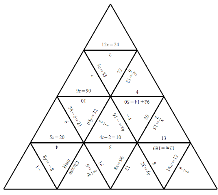 Los rompecabezas ayudan a que el aprendizaje de matemáticas sea más activo y divertido 4 Un gran rompecabezas triangular que consta de triángulos más pequeños, cada uno de los cuales muestra una ecuación diferente en cada lado.