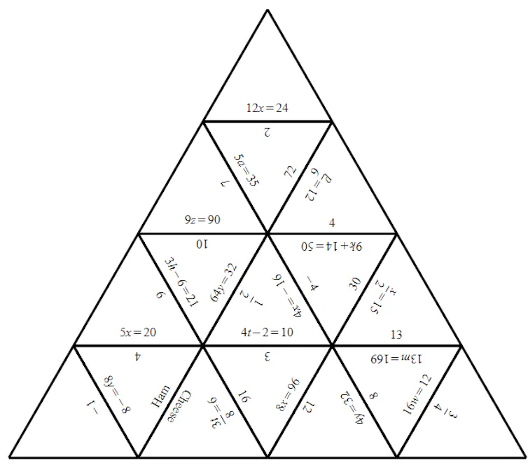 A large triangular puzzle comprised of smaller triangles, each showing a different equation on every side.