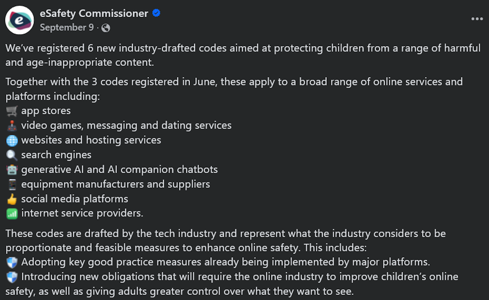 eSafety's facebook post from September 9th alluding to what services are covered by the codes.