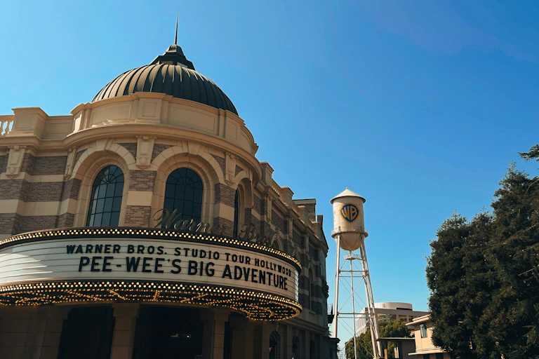 A Warner Bros marquee and the Warner Bros water tank.