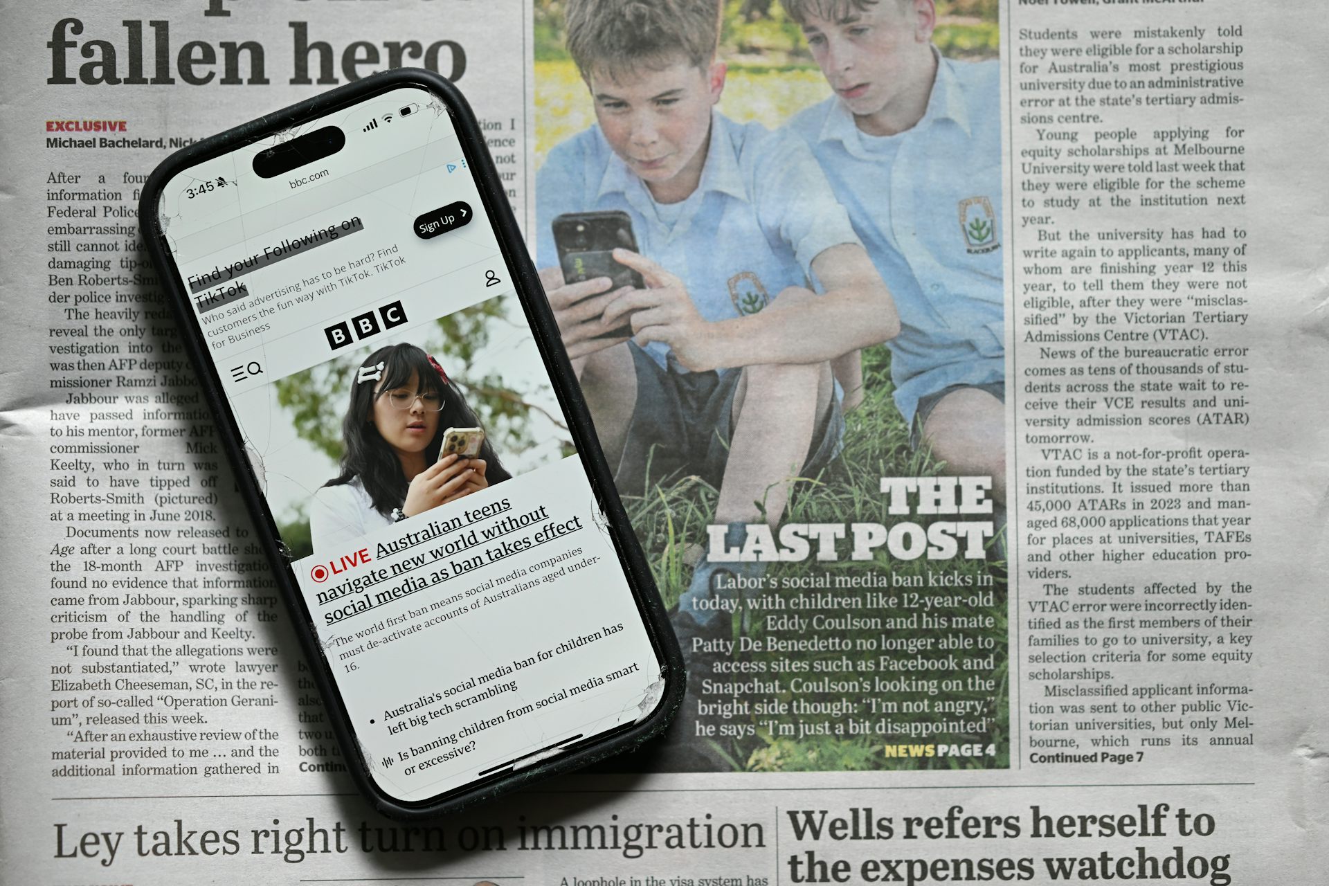 Composite image showing print and online headlines about the social media ban