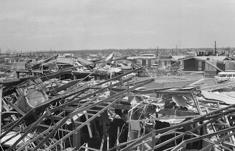 A jumble of wooden houses torn apart by Cyclone Tracy.