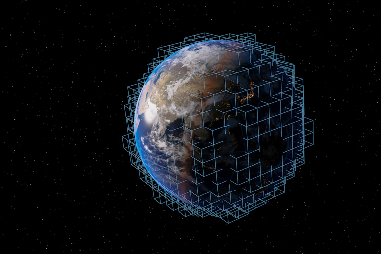 illustration of planet Earth overlaid by outlines of cubes