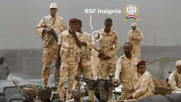 Men in military gard stand in a group.