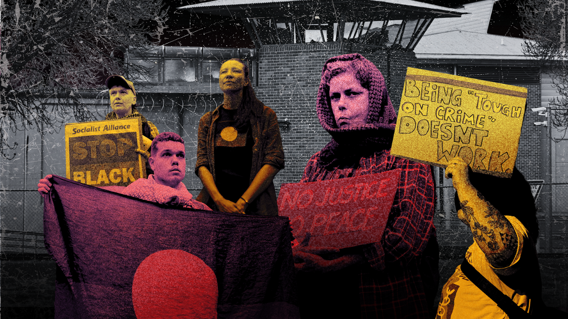 A composite image of people protesting deaths in custody against a backdrop of a jail