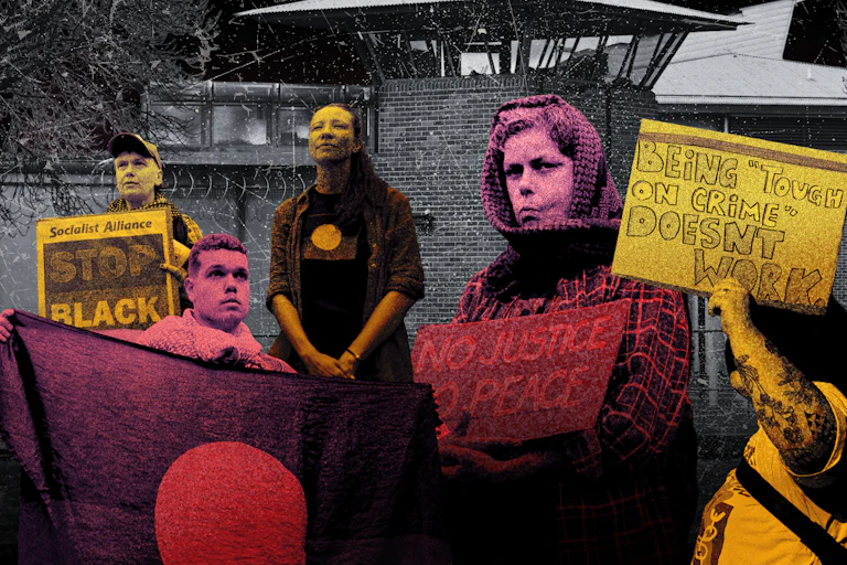 A composite image of people protesting deaths in custody against a backdrop of a jail
