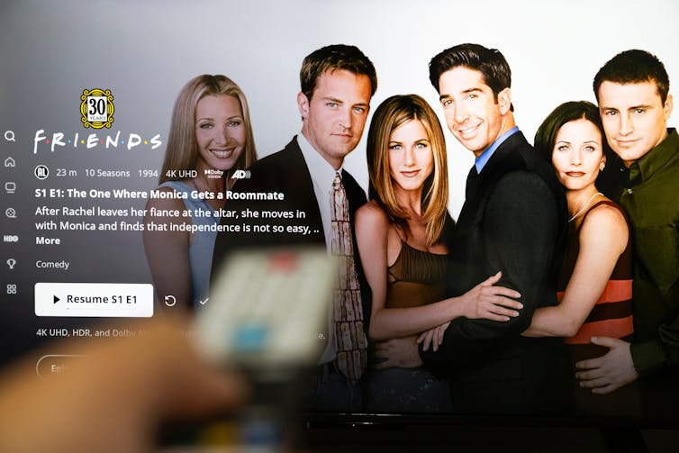 A TV screen showing a streaming platform with the TV show Friends on it.