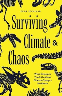 yellow book cover with black dinosaur folssils, surviving climate and chaos title