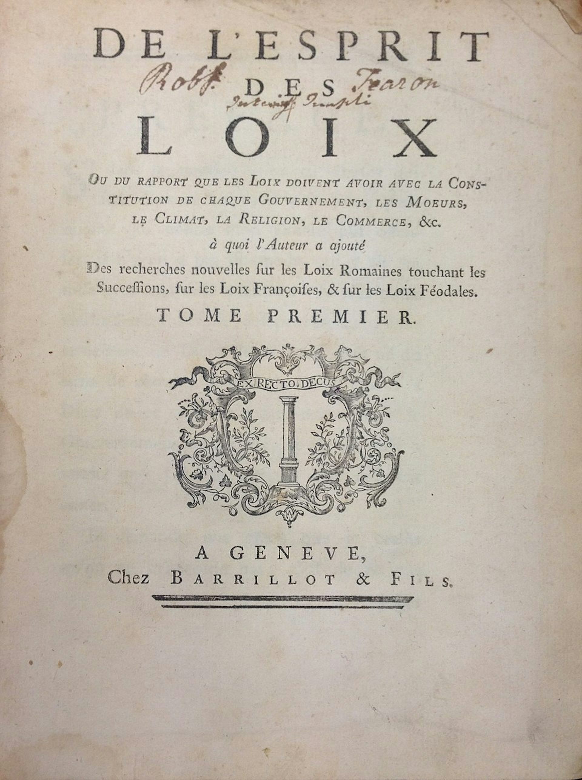 Cover of the French edition of Montesquieu's The Spirit of the Law.