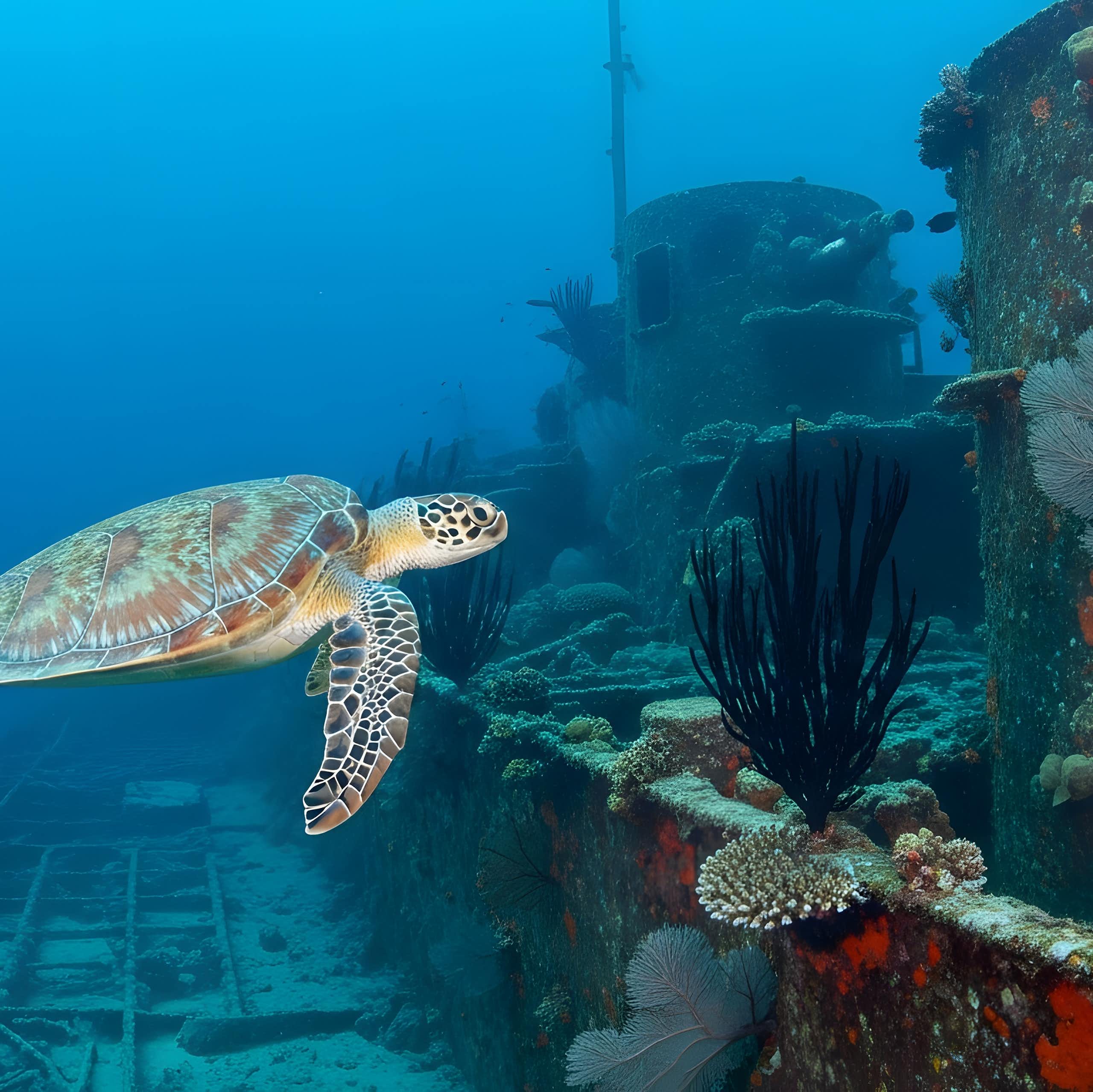 Turtle, shipwreck, coral