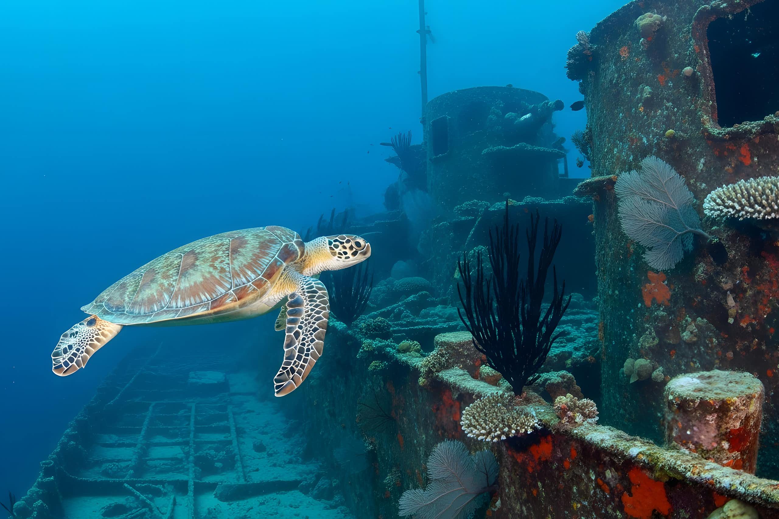 Turtle, shipwreck, coral