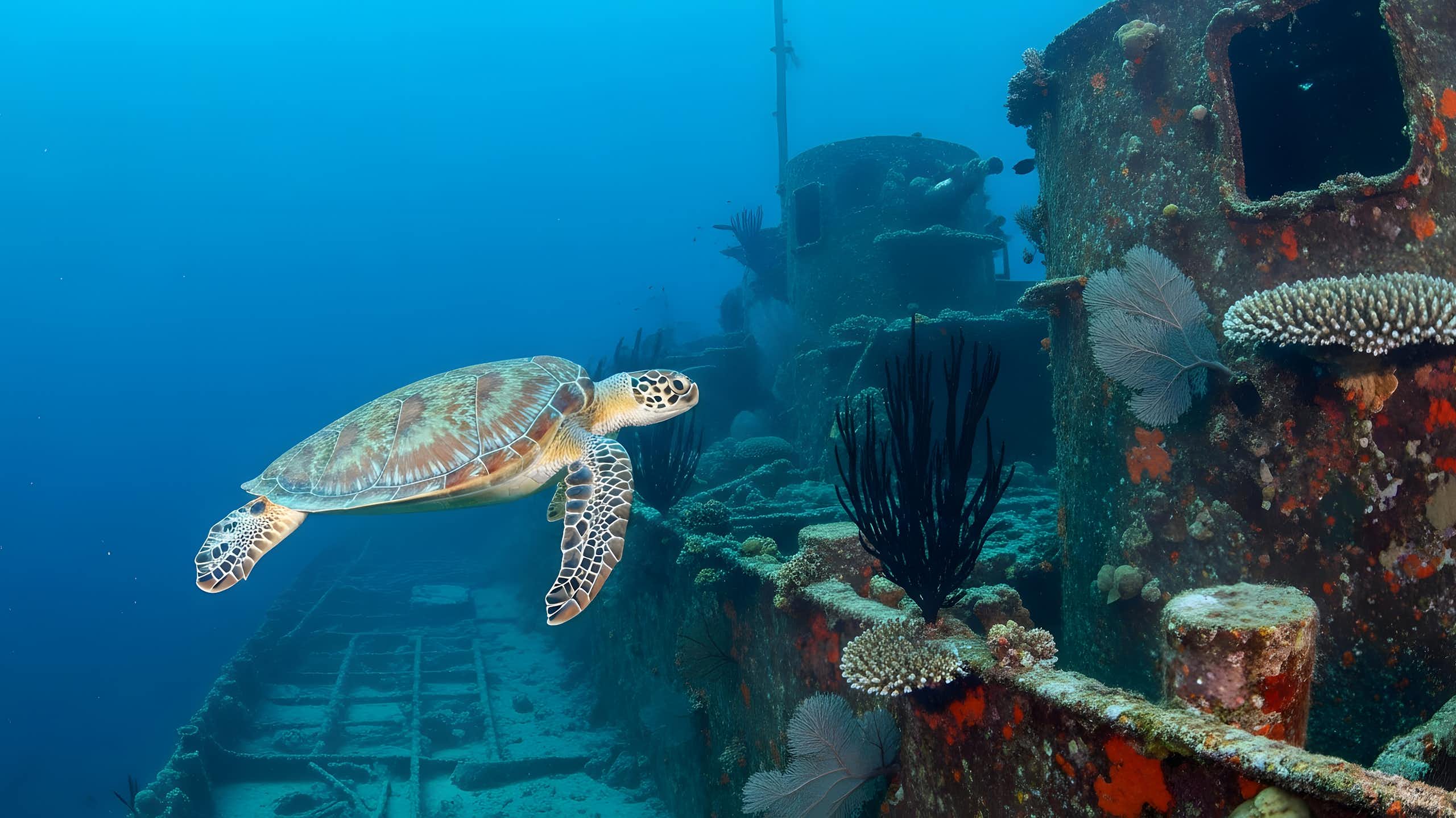 Turtle, shipwreck, coral