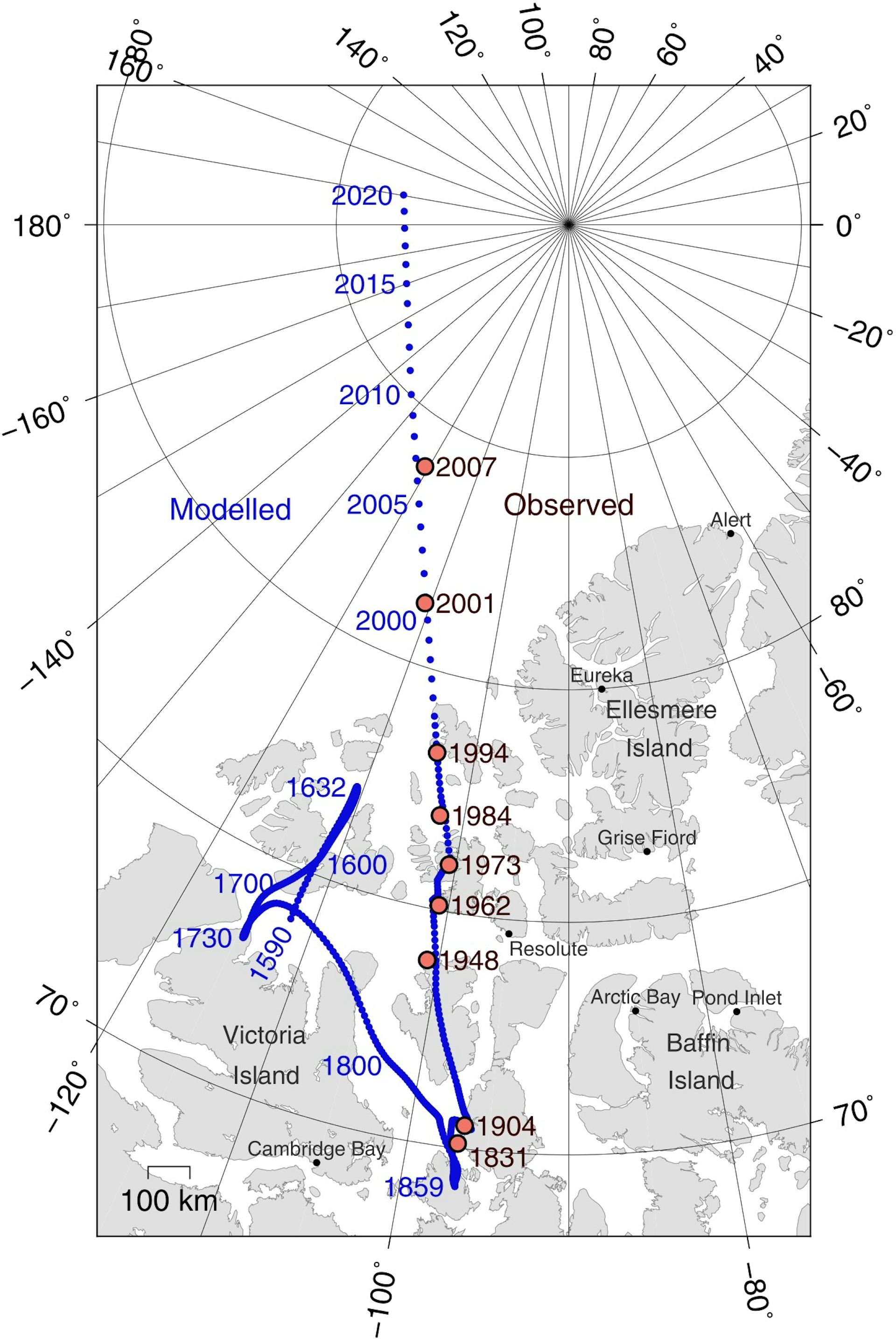 Lines show how the magnetic pole has moved