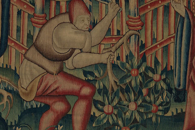 A tapestry of a medieval woodcutter.