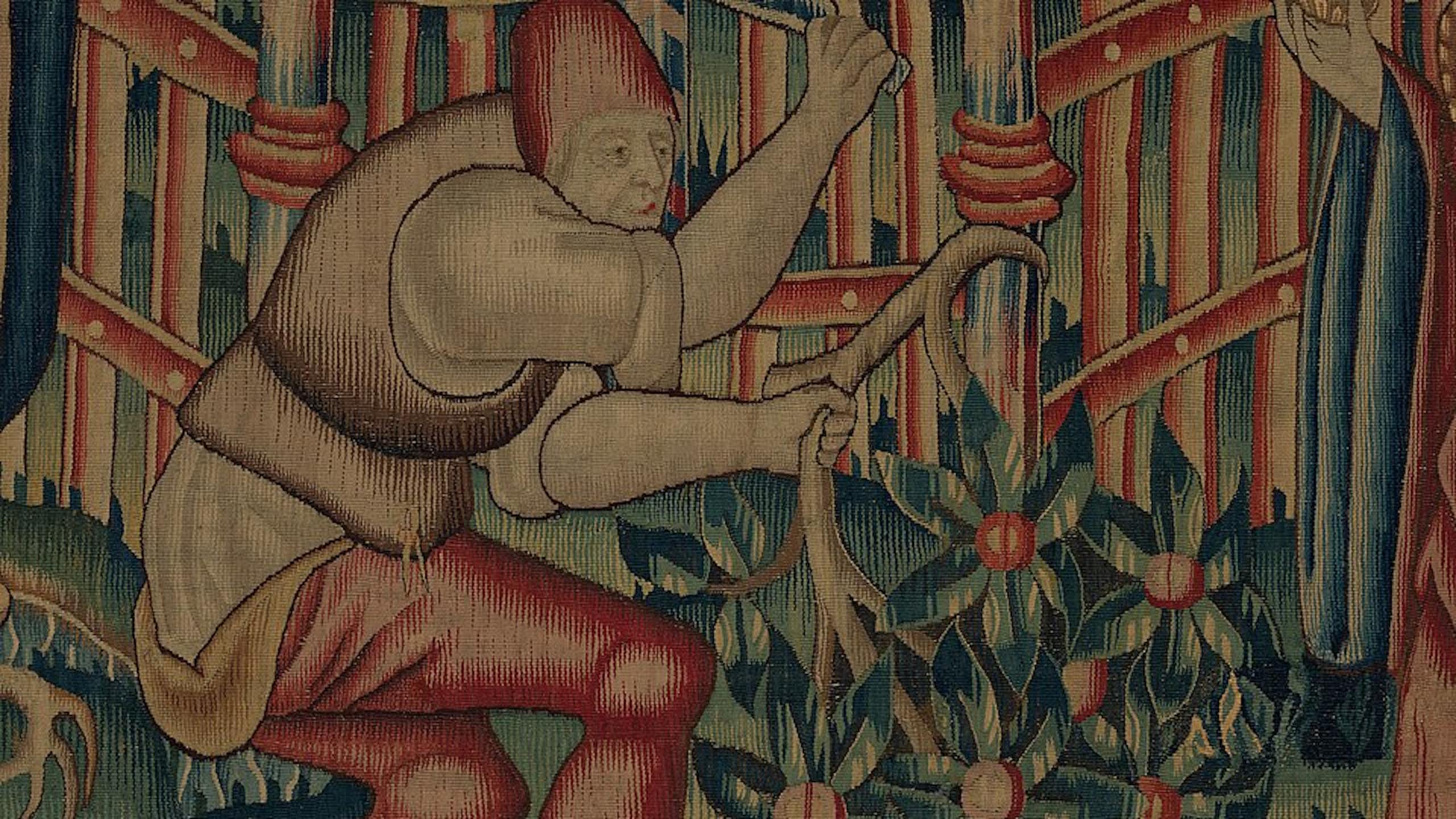 A tapestry of a medieval woodcutter.