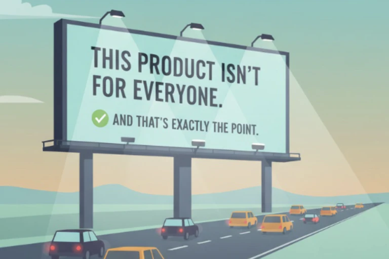 An illustration shows cars driving past a billboard that says "This product isn't for everyone and that's exactly the point"