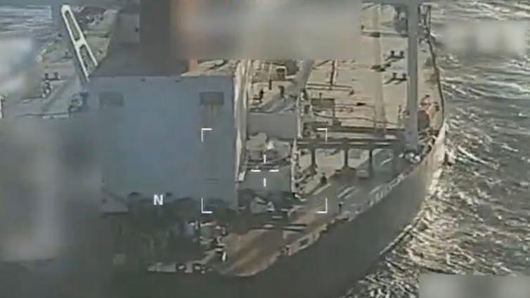 A screengrab of US footage showing the tanker, Skipper, about to be boarded by US troops.