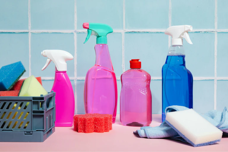 Brightly coloured spray bottles and sponges