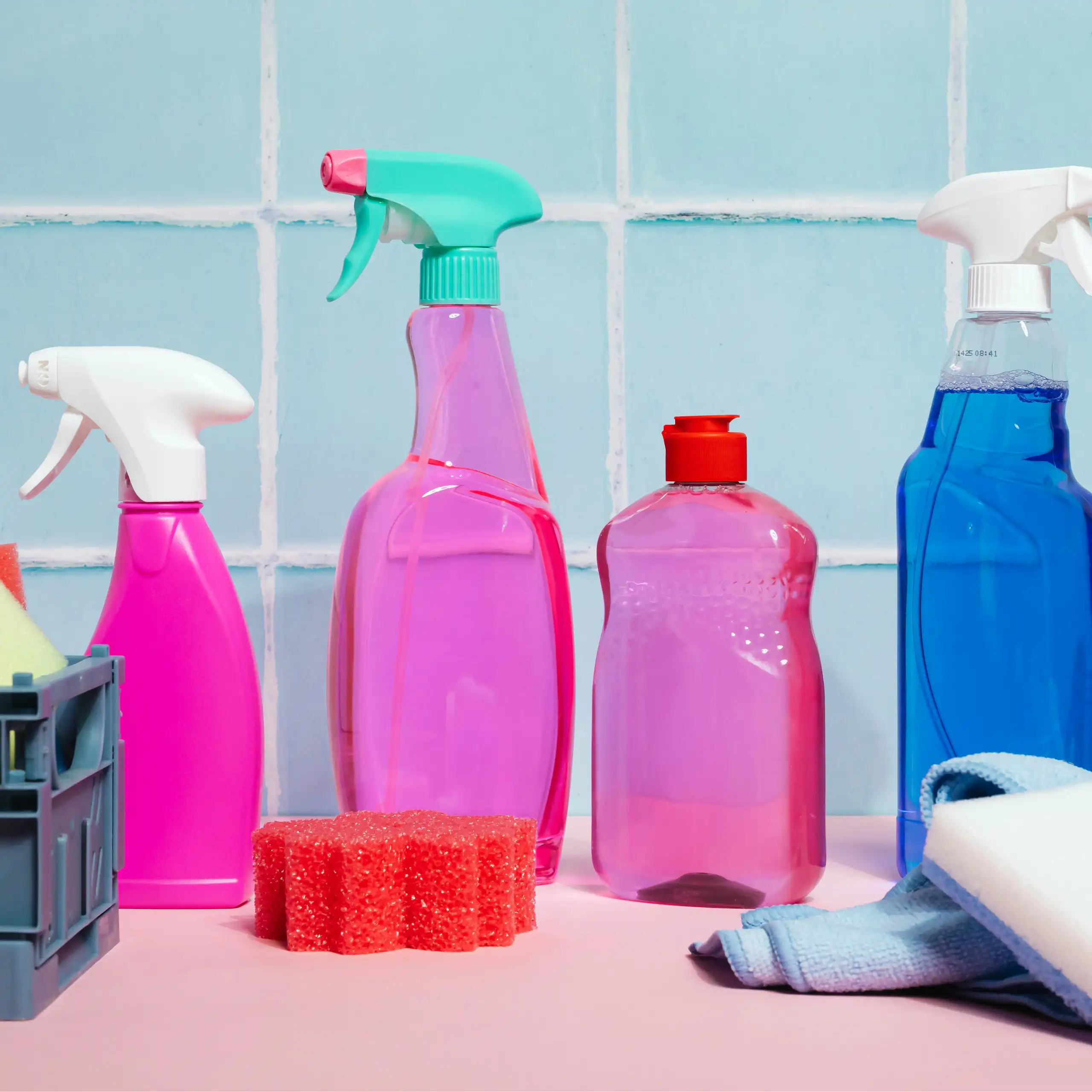 Brightly coloured spray bottles and sponges