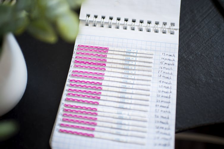 An open notebook shows rows of pink and white test strips, one for each day, with March dates written beside them.