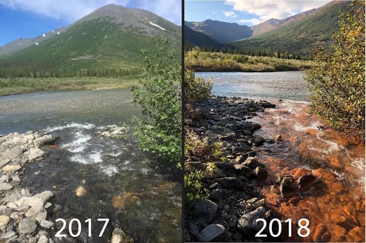 Side-by-side images show the same stream a year apart, one with rust-colored water.
