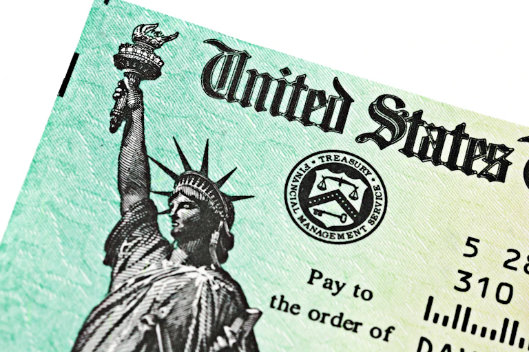 A partial view of a U.S. Treasury IRS refund check shows the Treasury seal and an image of the Statue of Liberty.