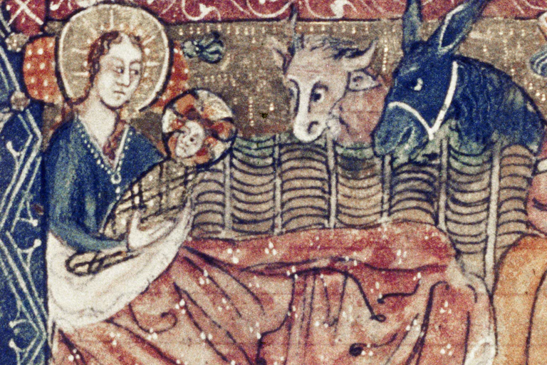 A faded illustration in shades of red, gold and blue of a man and woman holding an infant as animals stand behind them.