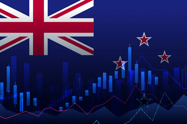Composite image of charts and graphs superimposed on New Zealand flag