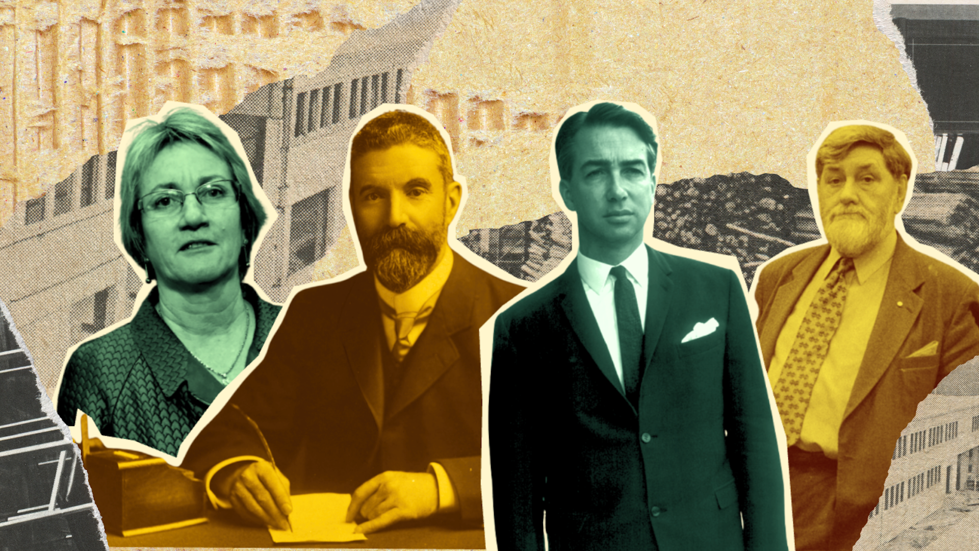 A composite image of four politicians, one female and three males, in green and gold 