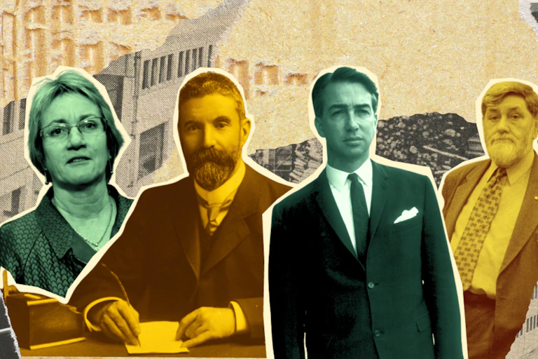 A composite image of four politicians, one female and three males, in green and gold