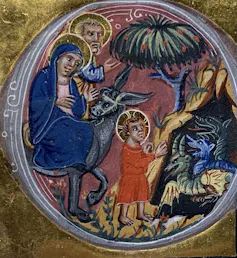 A small, colorful illustration with a gold background shows two adults and a child with halos, looking into a cave at small blue and green dragons