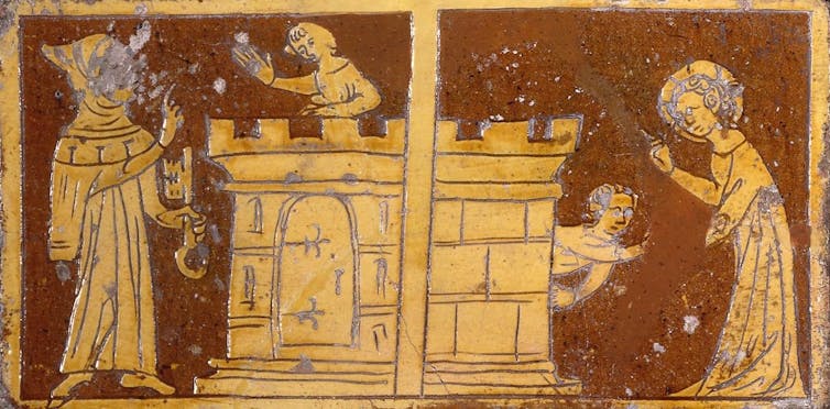 The Bible says little about Jesus’ adolescence – however that didn’t forestall medieval Christians from playing stories of him as holy ‘rascal’ 2 A dark red or brown tile has lighter etchings on it, with scenes of a man standing next to a tower that a child stands atop, and then the child exiting the tower as another figure with a halo looks on.