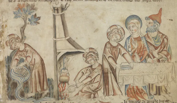 A faded manuscript illustration shows the same boy fetching water, tending a fire, and working at a table as a man and woman look on.