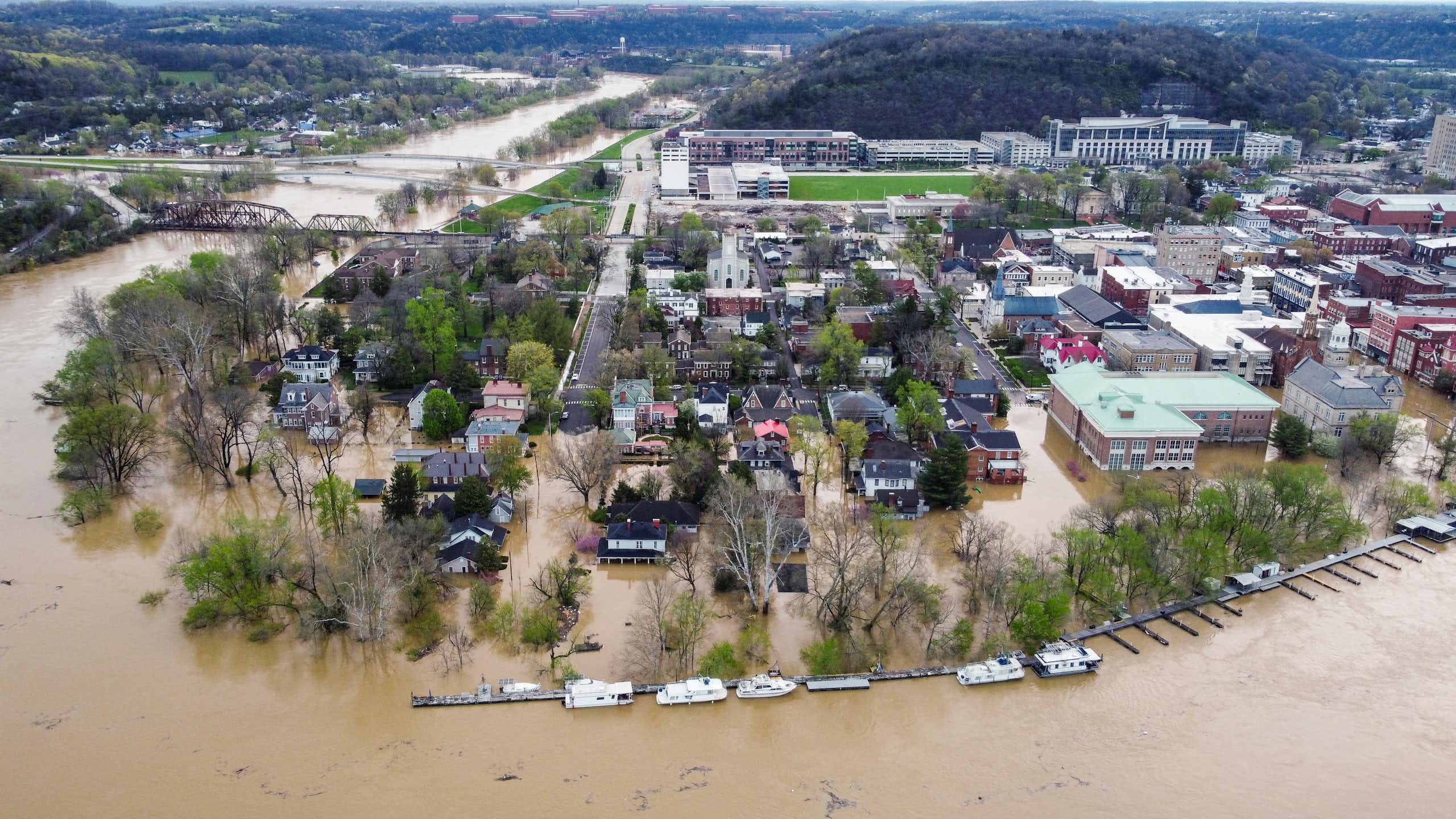 An aerial view of severe flooding in Frankfort, Kentucky, caused by days of heavy rainfall across the Midwest on April 7, 2025.