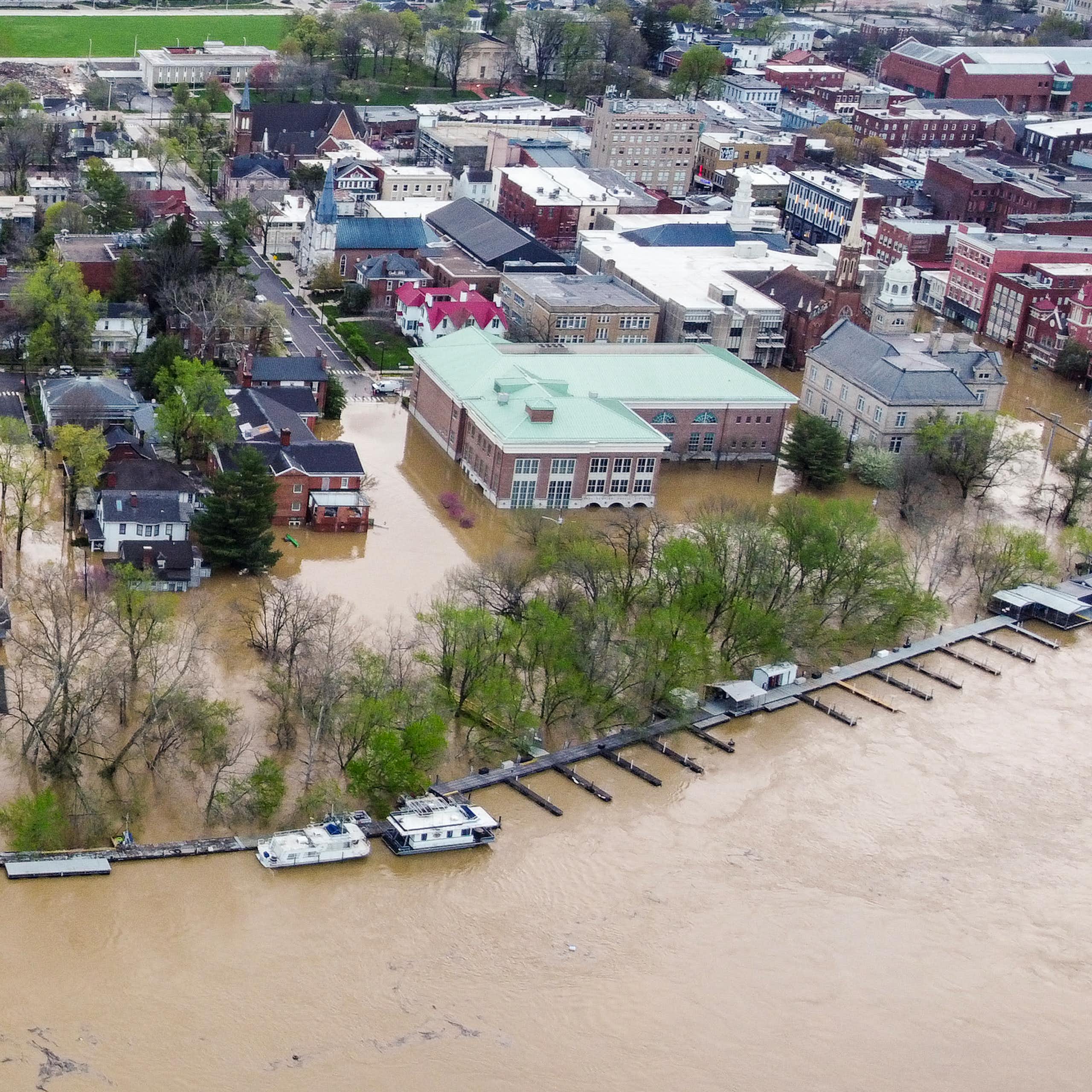 An aerial view of severe flooding in Frankfort, Kentucky, caused by days of heavy rainfall across the Midwest on April 7, 2025.
