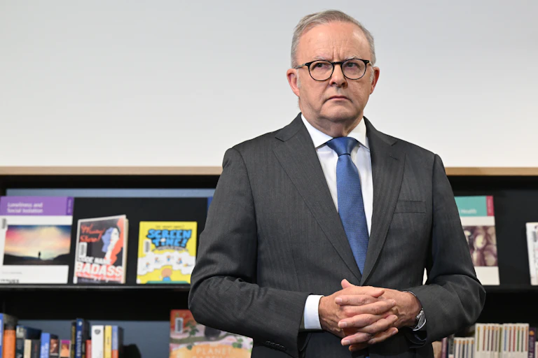 Anthony Albanese stands on the right of frame, frowning