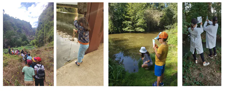 Quatre photographies de volontaires qui récoltent de l’eau, comprenant des enfants et des adultes dans des paysages différents, urbains ou ruraux
