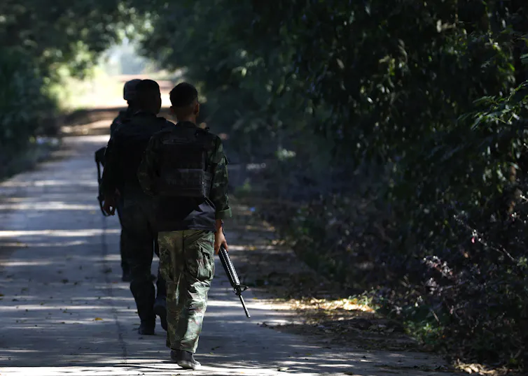 Thai soldiers patrol in Surin province.