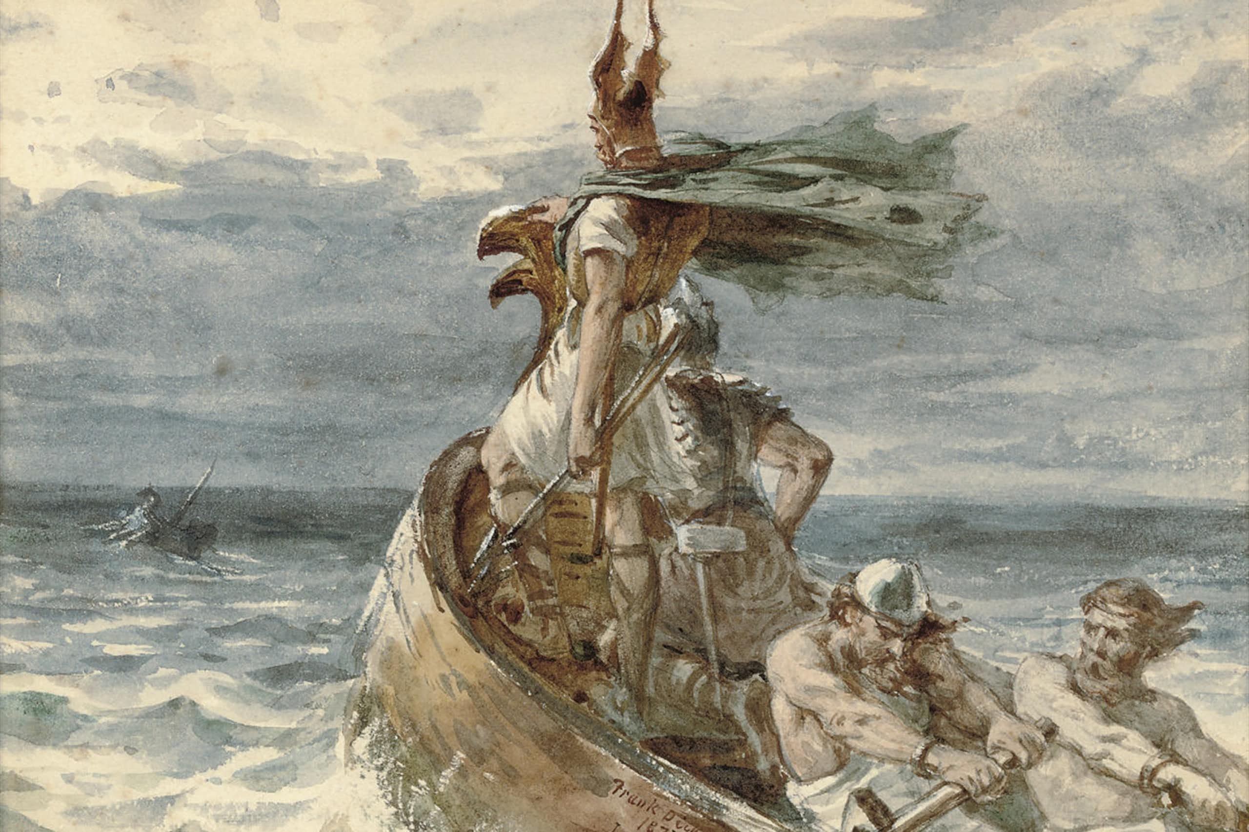 Painting of ancient Scandinavian sailors in a rough sea.