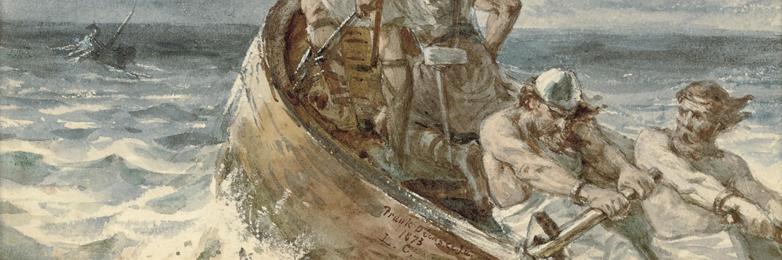 Painting of ancient Scandinavian sailors in a rough sea.