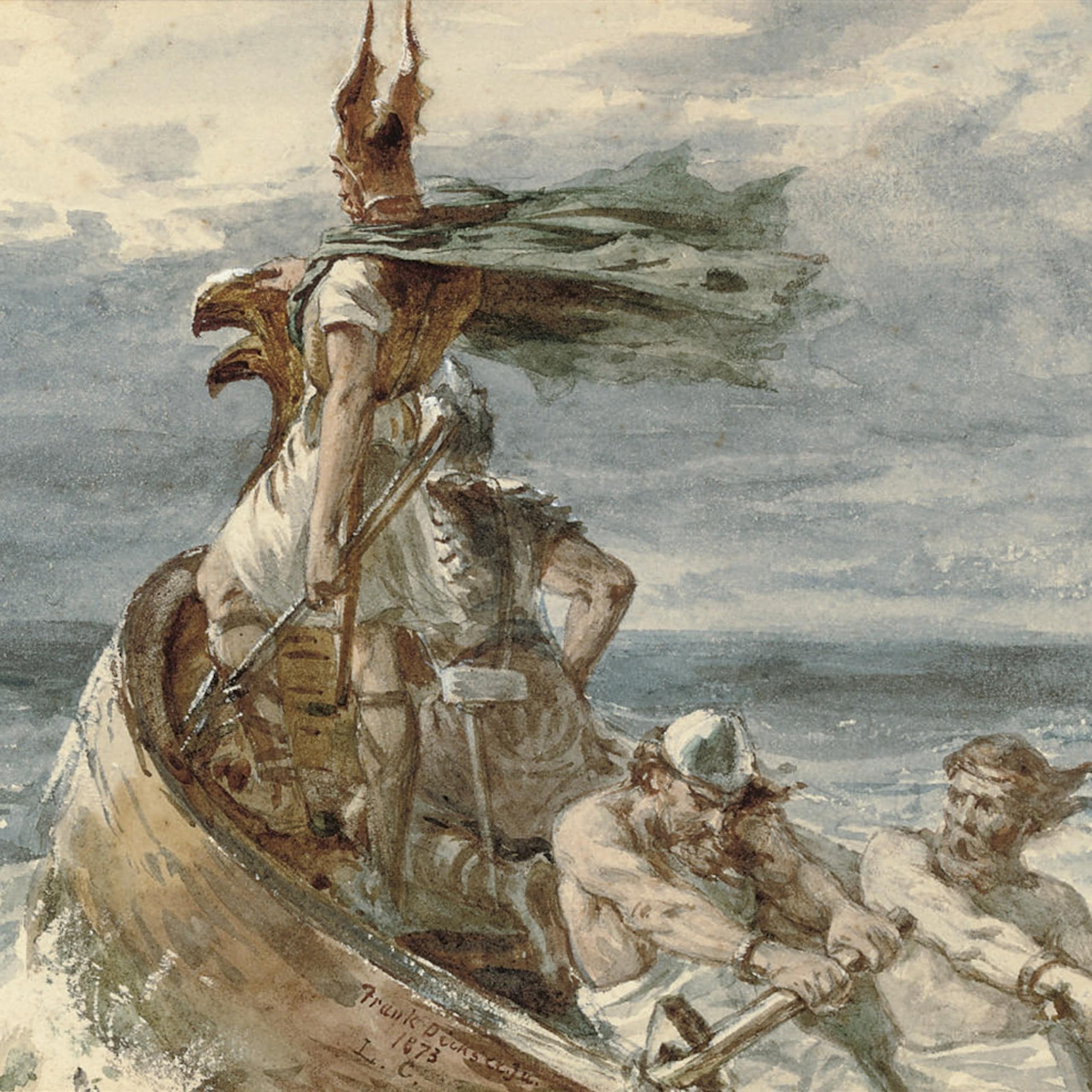 Painting of ancient Scandinavian sailors in a rough sea.