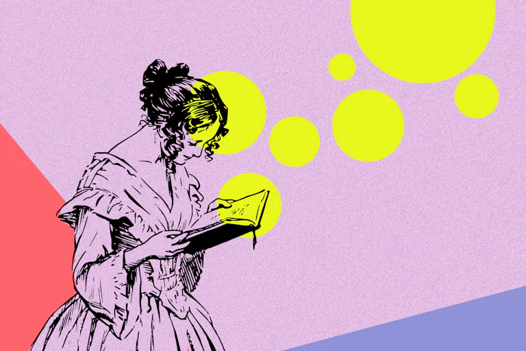Dibujo de una mujer de época leyendo.