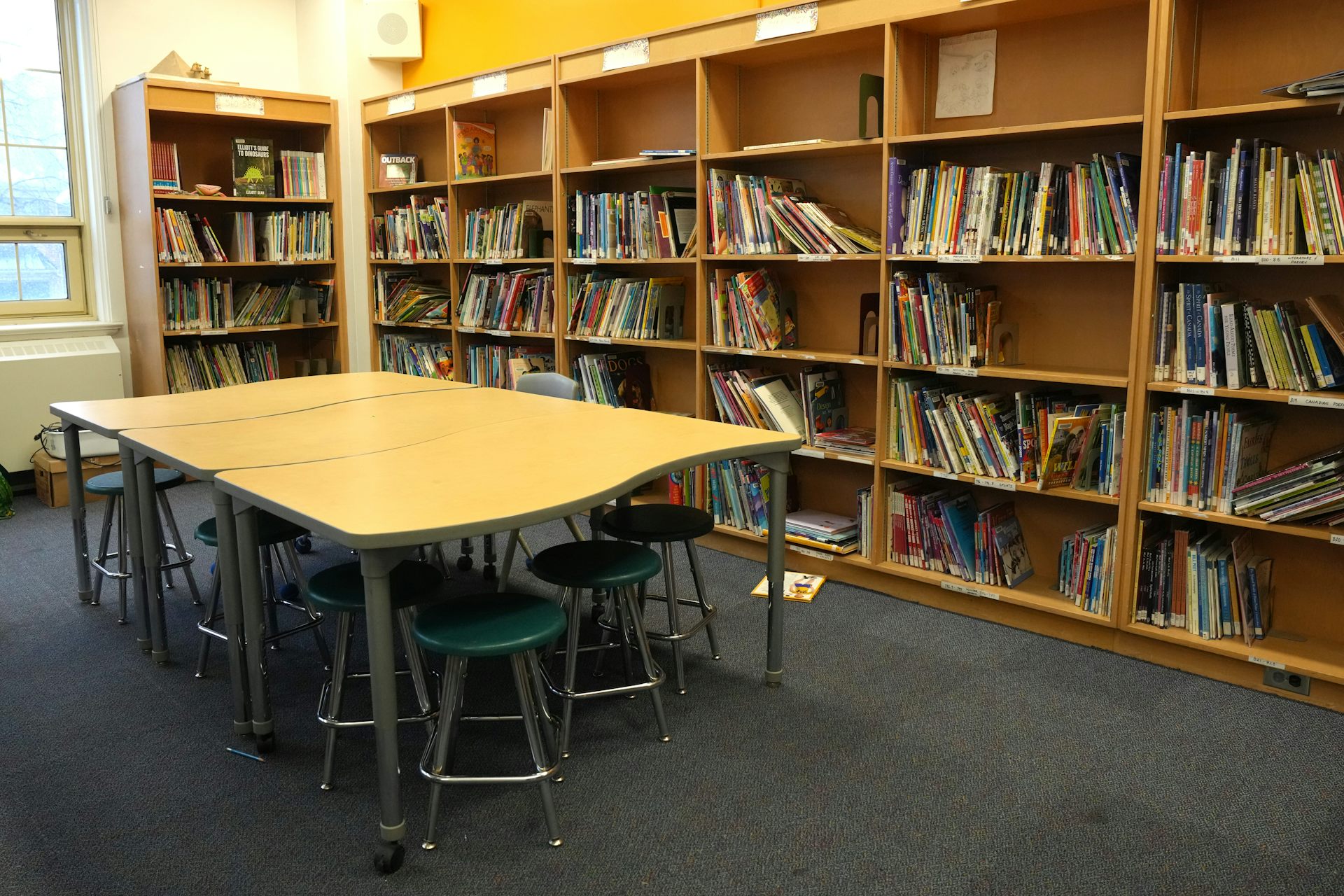 Fila de libros en la biblioteca de la escuela.
