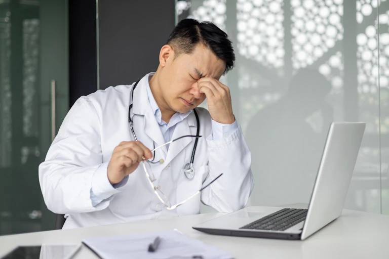 Doctor looking stressed while sitting at desk with laptop and holding glasses
