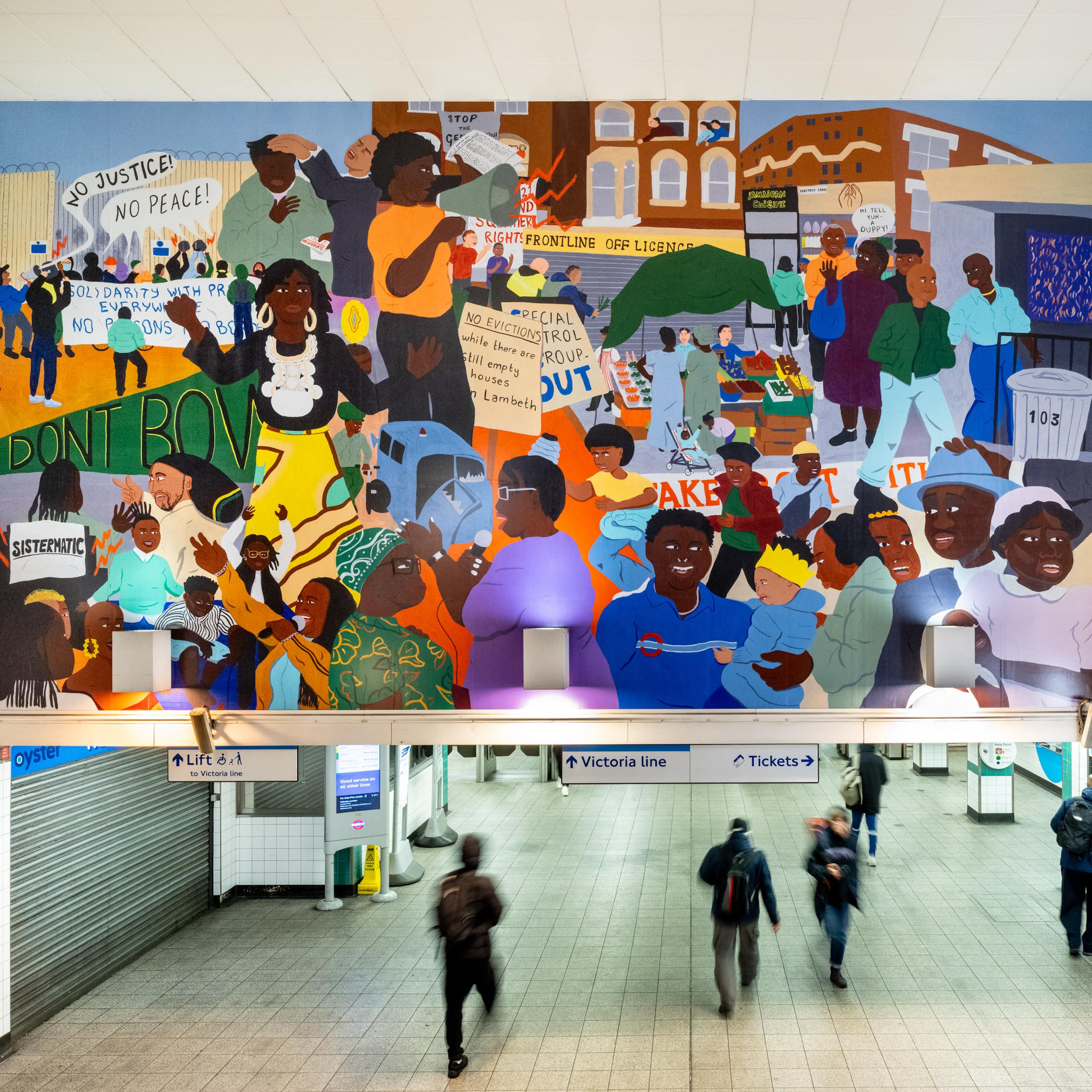 A mural showing the Afro-Caribbean community avove the entrance to Brixton tube station.