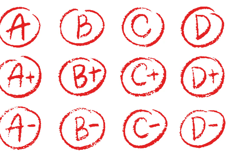 A white background has a series of letter grades -- A plus through F minus - written in red and circled.