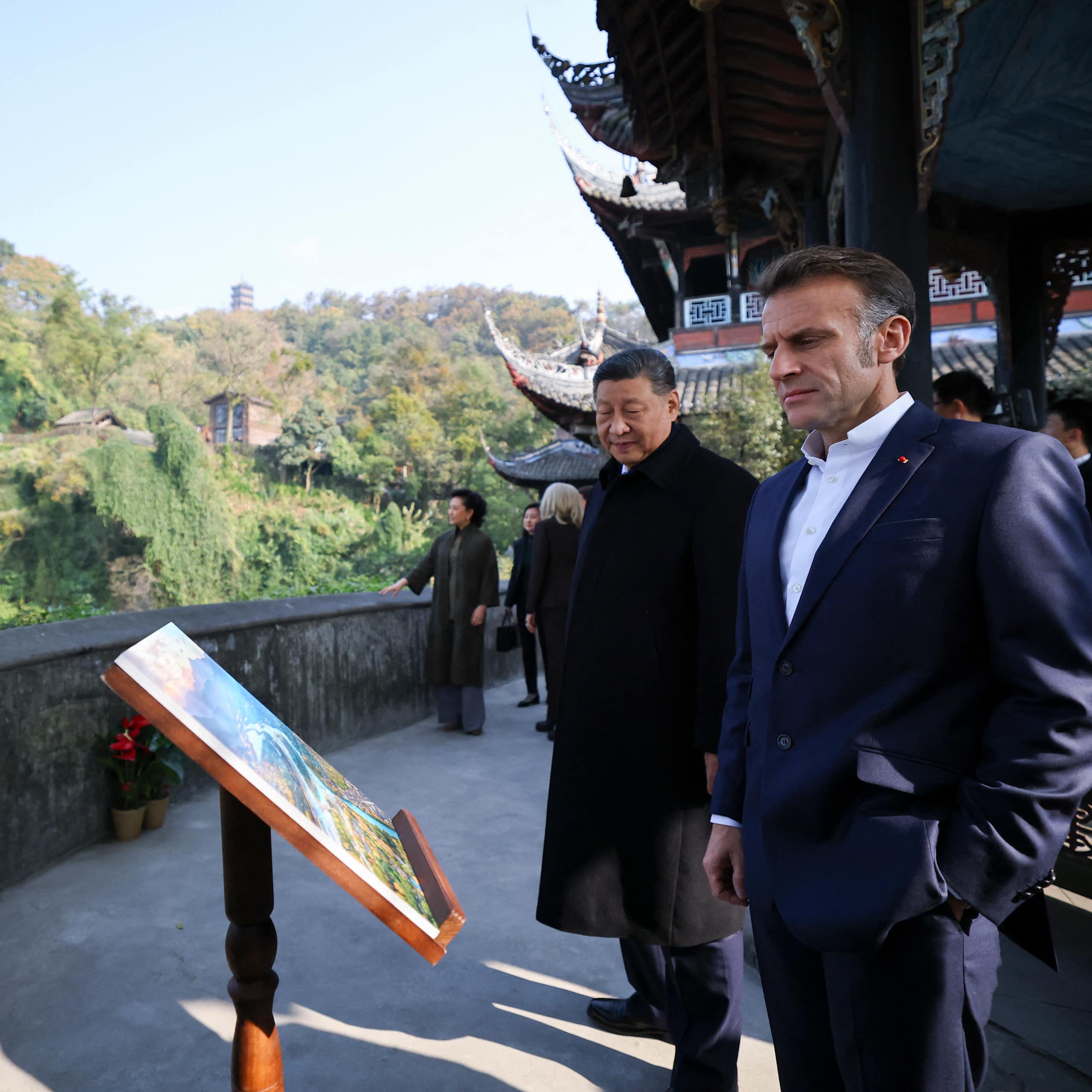 Two men look at an information board in front of a panoramic view.