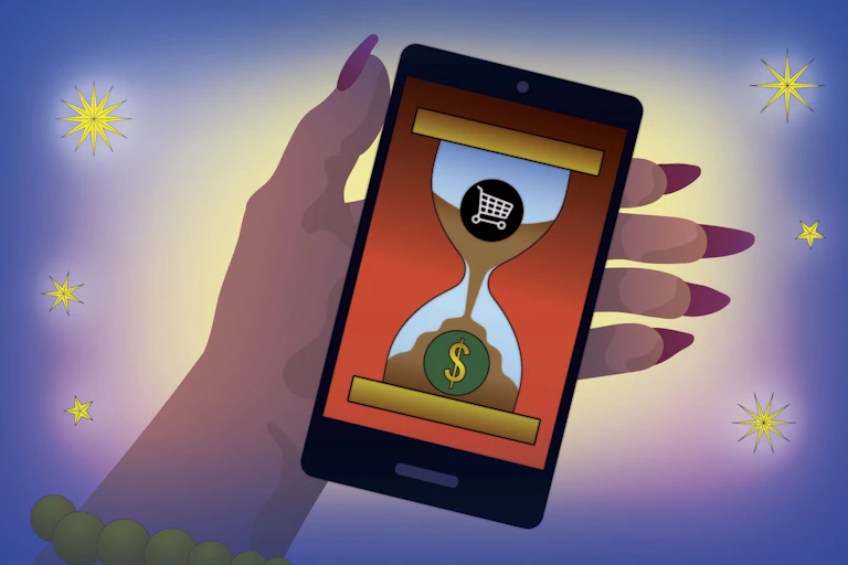 Illustration d'une main tenant un téléphone sur lequel figure l'image d'un sablier.